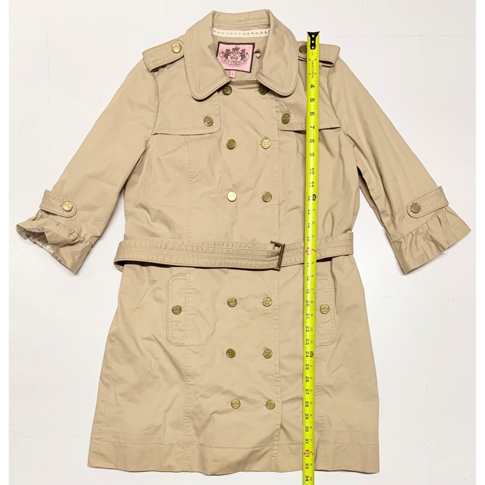 Juicy Couture Khaki Trench Coat Gold Crest Buttons Belted Beige Women‎ Size L